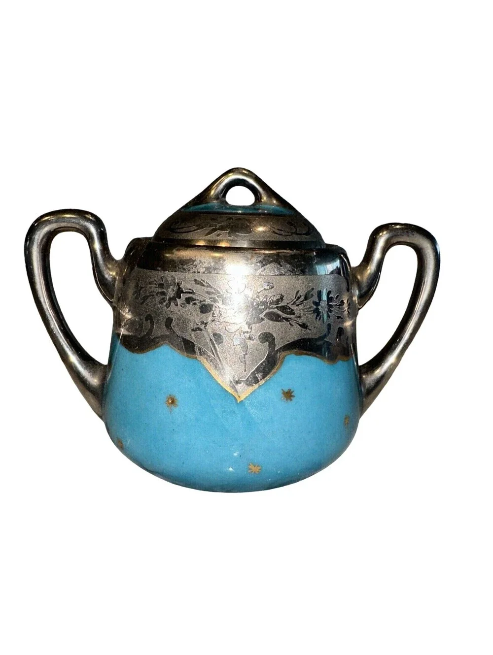Brauer Hand Painted Lidded Sugar Bowl vintage Silver Chrome Gold Blue Art Deco